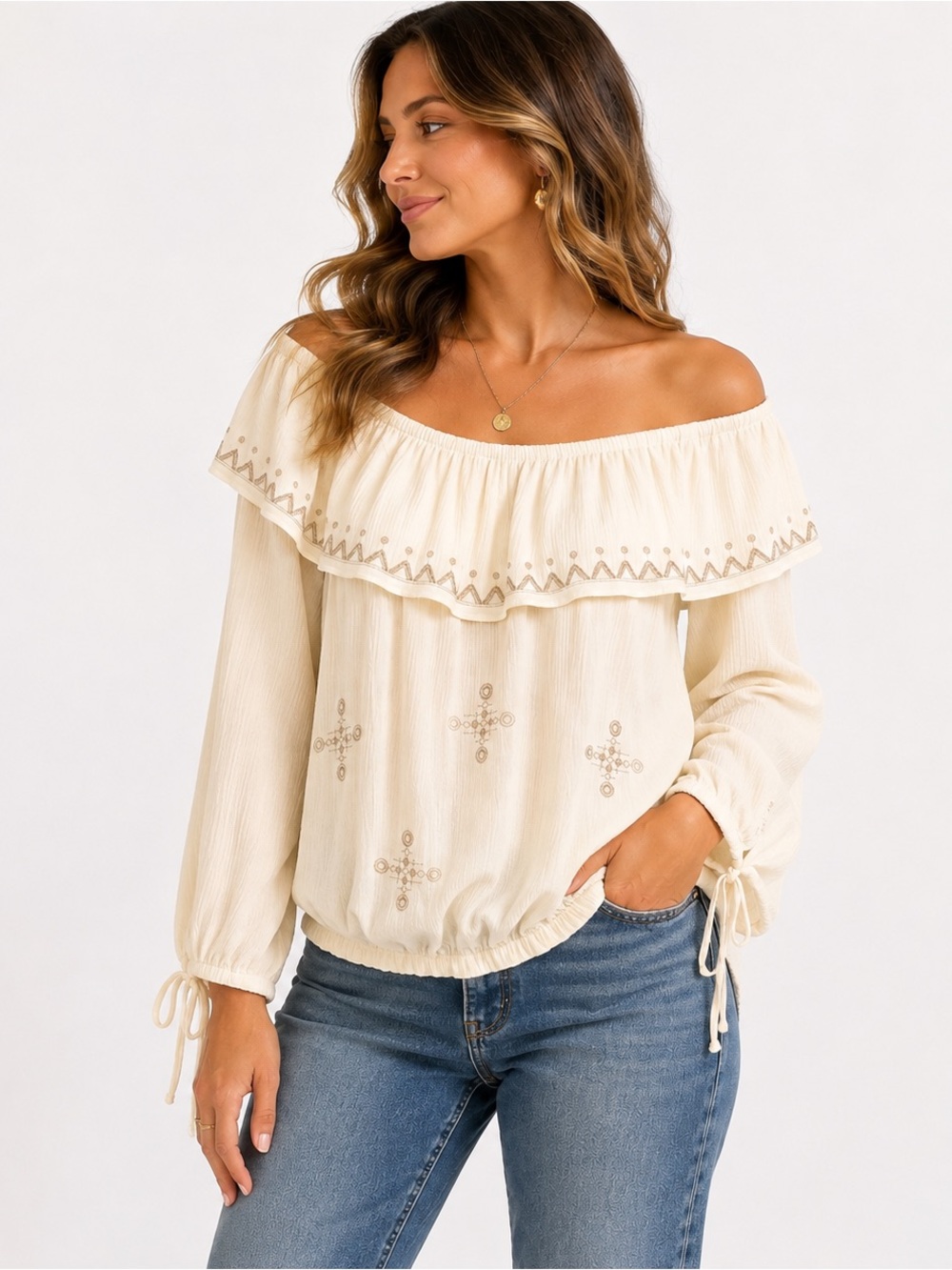Cream Boho‎ Off Shoulder Embroidered Ruffle Blouse XL